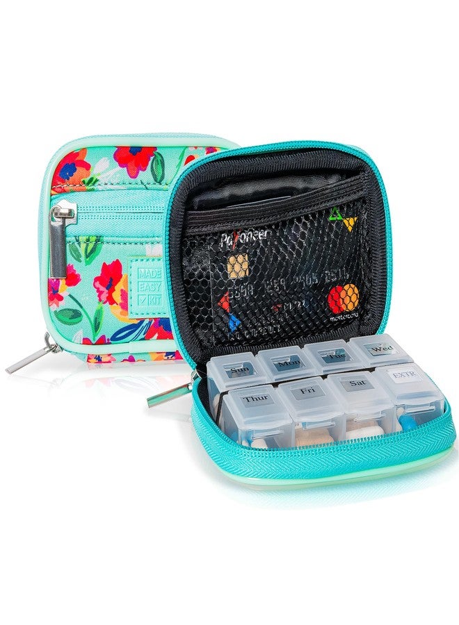 Made Easy Kit Pill Case for Everyday and Travel - 7-Day Weekly Medicine Supplement Vitamin Organizer Sorter Tracker - Neoprene Bag with Pockets - Compact Portable 8 Compartments (Teal) - Image 1